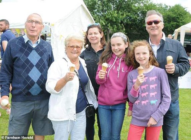 Thorpe with his wife Amanda, their two daughters Kitty, now 22, and Emma, ​​now 19, and his parents at the Wrecclesham Village Fete in Surrey in 2016