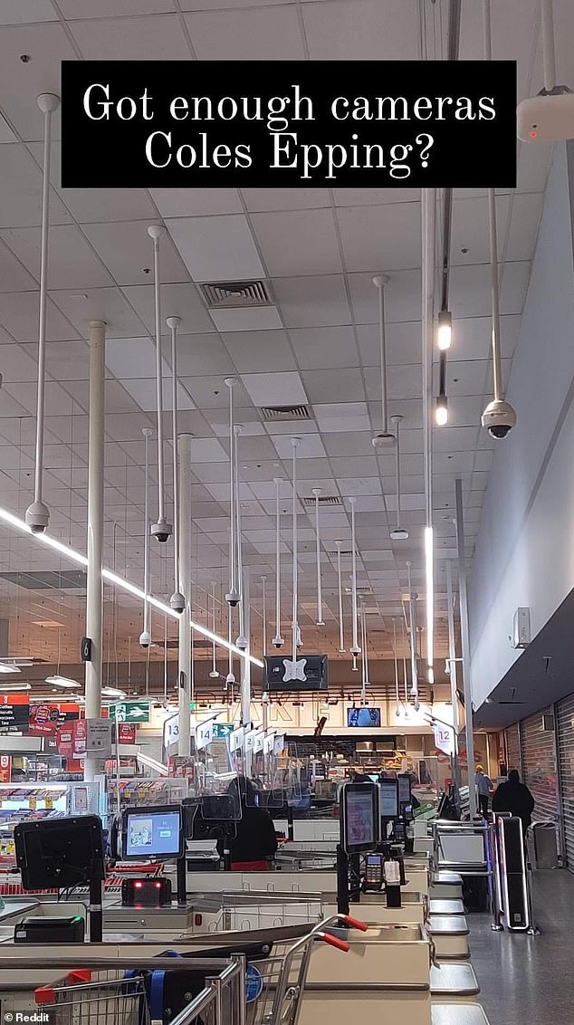 A Victorian shopper snapped a photo of the number of security cameras in her local Coles, shocking many Australians (pictured)