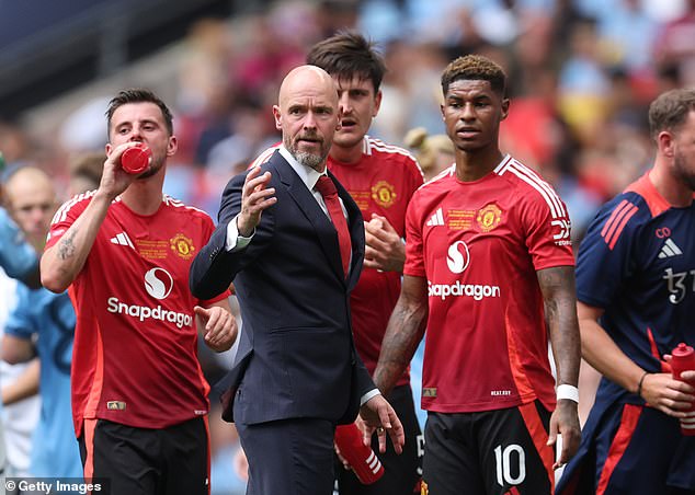 Erik ten Hag (centre) claims Manchester United are 'not ready yet' for the new season