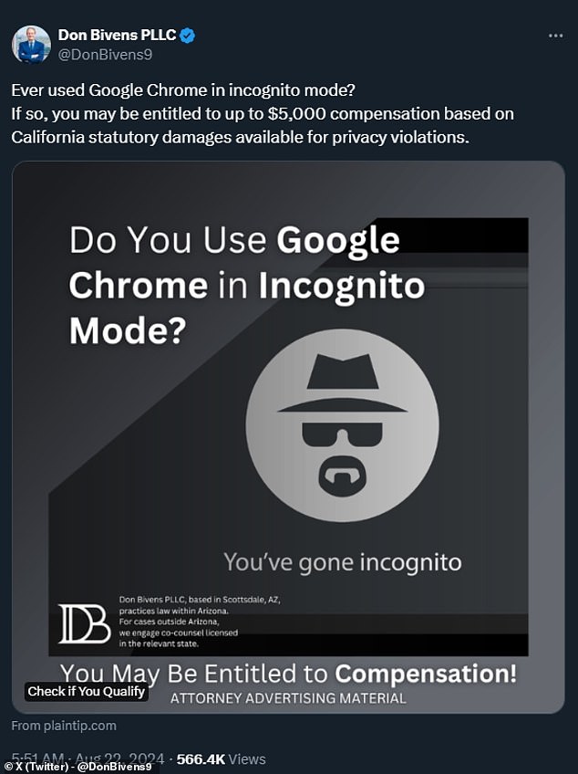 The attorney for one of the plaintiffs, Don Bivens of Arizona, announced on the social media site X that all Chrome users who were 