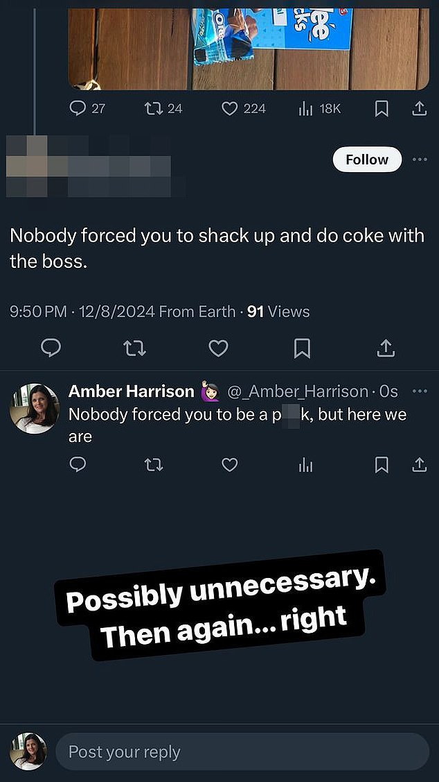 Ms Harrison shared an Instagram Story on Tuesday night about a brutal interaction she had with a social media user on X on Monday before the episode aired (pictured)