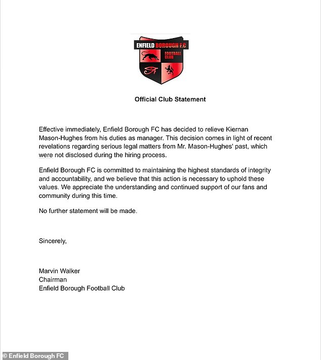 This club statement was issued by Enfield Borough FC after Hughes-Mason was convicted