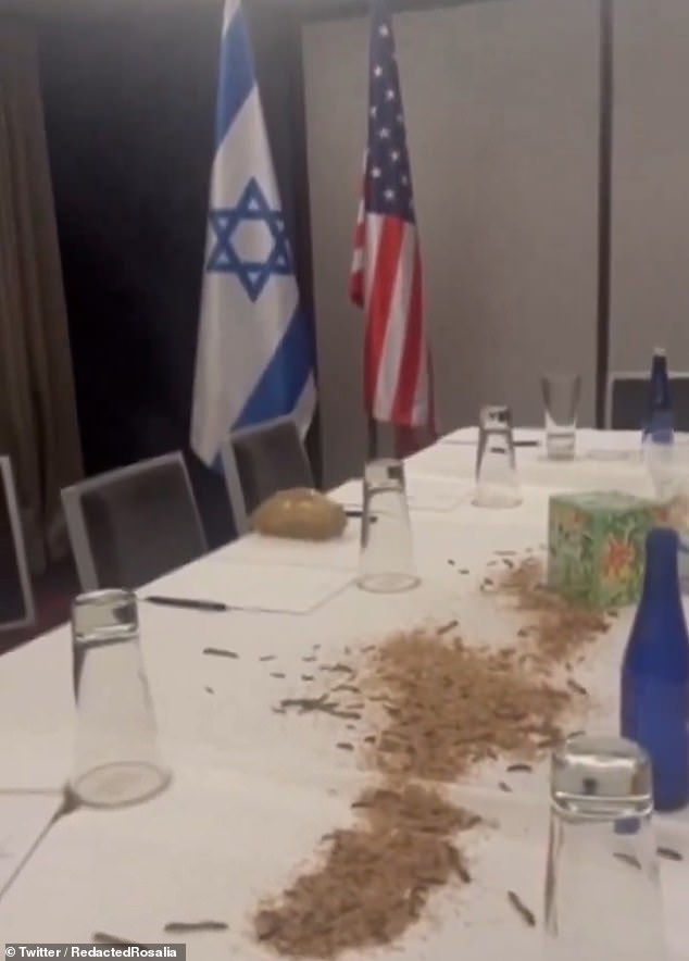 Hours before Netanyahu's scheduled speech, the Palestinian Youth Movement's X account shared a video they claimed showed his table at the Watergate hotel in Washington DC infested with maggots and other critters