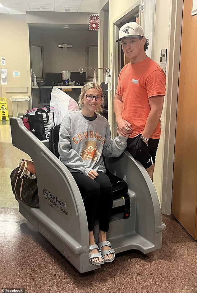 Zara Hull, 20, (pictured with her boyfriend) finally returned home Friday after spending a week in the hospital after allegedly slipping narcotics into her amniotic fluid with her girlfriend Kaylie Pitze while vacationing with friends in Cancun on August 2.