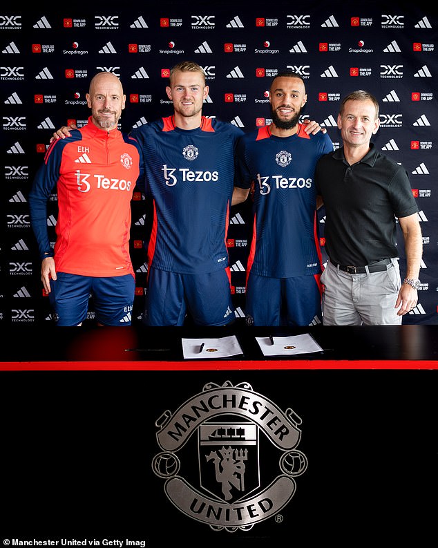 Manchester United have confirmed the arrivals of Matthijs de Ligt (second from left) and Noussair Mazraoui (second from right)