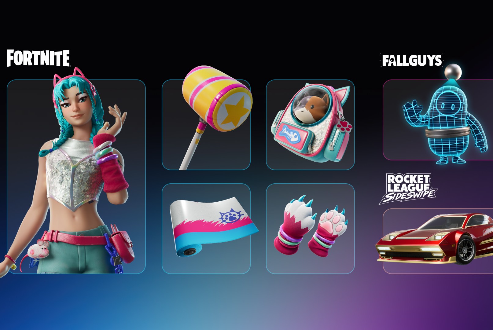 Artwork of the cosmetic exclusives for the mobile versions of Fortnite, Fall Guys and Rocket League Sideswipe