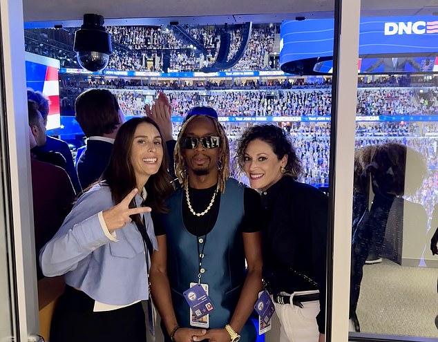 Ashley Spillane (left), former head of Rock the Vote, had the idea for Lil Jon's (center) viral moment Tuesday when he performed for Georgia during the Democrats' roll call vote. And Lil Jon's publicist Tamar Judah (right) helped make it a reality.