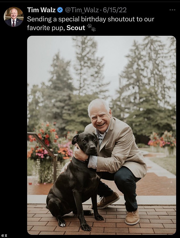 In the photo on the left, Walz is pictured with Scout, a Labrador retriever mix his family got in 2018. The caption reads, “A special birthday hello to our favorite pup, Scout.”