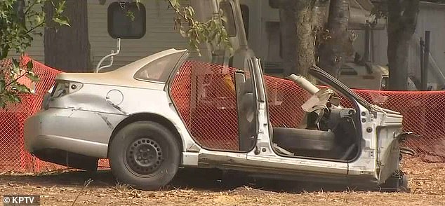 According to police, the young girl was bound with duct tape and zip ties, had an electric dog collar on and was only fed from a blender. The photo shows a burned-out car on the property