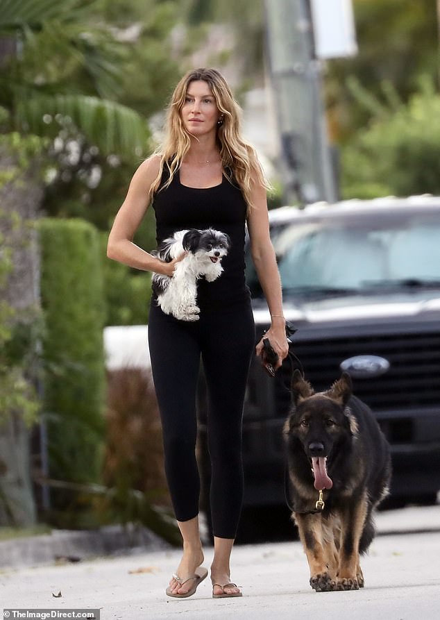 Gisele Bundchen cut a sporty figure for a relaxed dog walk in Miami on Wednesday