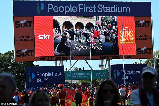 The crowd at the AFL match between Gold Coast Suns and Melbourne Demons paid tribute to Sophie Wang before their match at People First Stadium