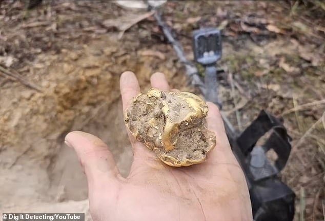 The nugget (pictured) was found three feet underground and the father of two couldn't believe his luck.