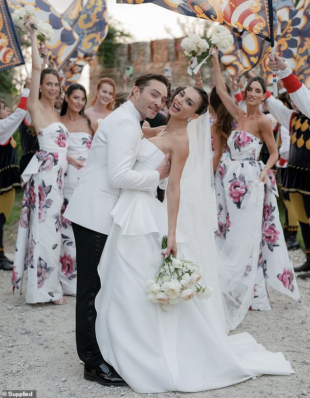 Ed Westwick, 37, (left) and Amy Jackson, 32, (right) tied the knot in a lavish Italian wedding last weekend, and the bride turned to an Australian designer for her bridesmaid dresses