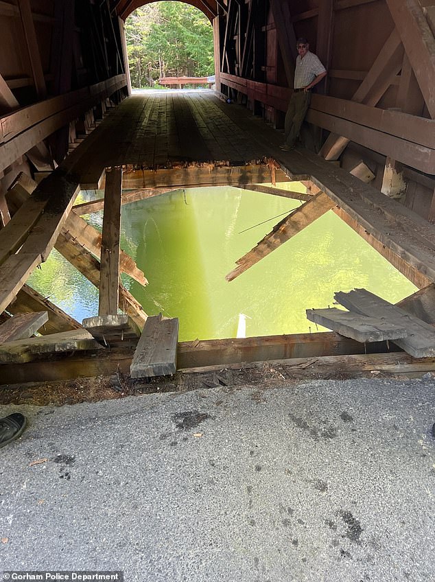 The 19th century Babb's Bridge in Gorham collapsed around 12:45 a.m. Friday when a Ford F-750 dump truck loaded with crushed gravel attempted to drive over the fragile structure.