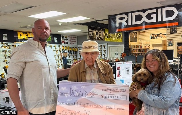 Jenelle Marie (right) raised more than $200,000 for Air Force Veteran, Donald (center). Donald, who turns 91 later this month, fell behind on his bills after his landlord raised his rent and he tried to care for his ailing wife.