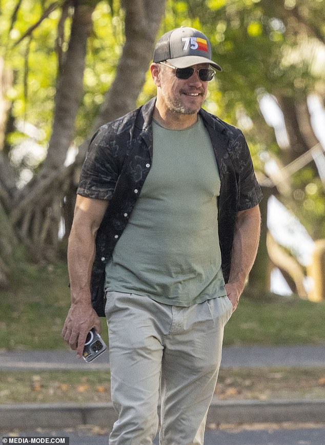 American superstar Matt Damon (pictured) appeared to be in a good mood on Saturday as he was spotted enjoying a stroll through Byron Bay, NSW with his wife Luciana and girlfriend Lauren Phillips