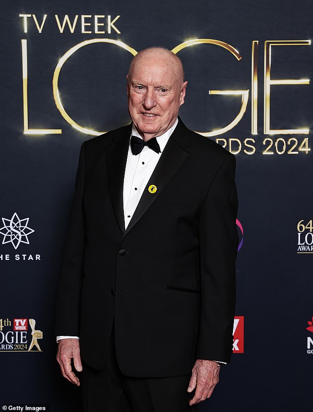 Home and Away star Ray Meagher, 80, (pictured) wore his heart on his sleeve on Sunday night as he attended the Logie Awards at The Star in Sydney