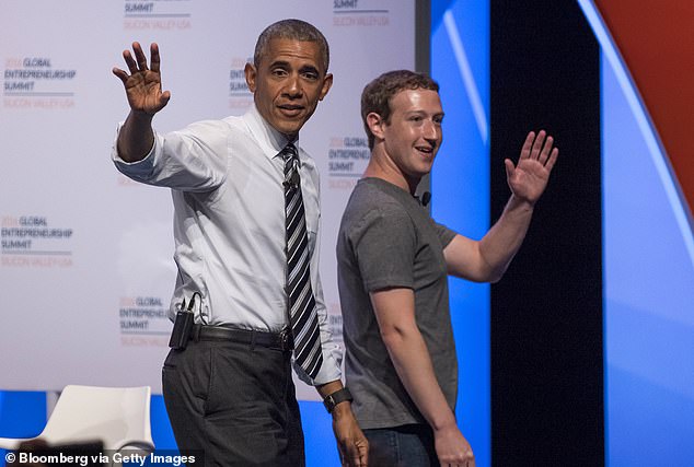 Above, Zuckerberg shares the stage with then-President Barack Obama at the 2016 Global Entrepreneurship Summit (GES) at Stanford University in California