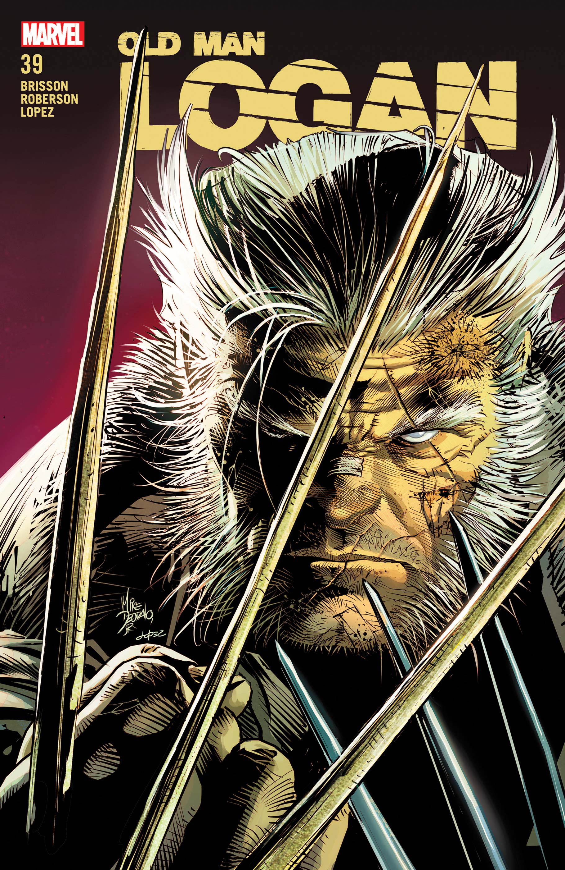 The cover of Marvel Comics' Old Man Logan #39, featuring a close-up of a white-haired, menacing Logan, claws extended in front of his face