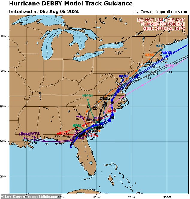 Hurricane Debby will move through 10 US states after making landfall in Florida, according to a fearsome model