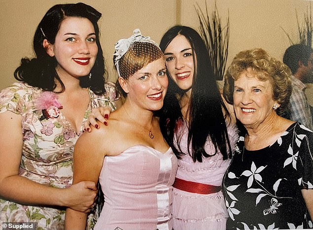 Lou Vacher, Chantel Camilleri and grandma Lorraine Kaemphel - who was the last to leave the dance floor at 2am at Chantel's wedding - earning her the nickname 'dancing grandma'