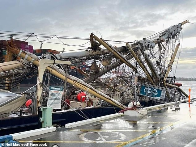 Photos of the STS Leeuwin II show the ship was badly damaged after it collided with the container ship Maersk Shekou early Friday morning in Fremantle Port