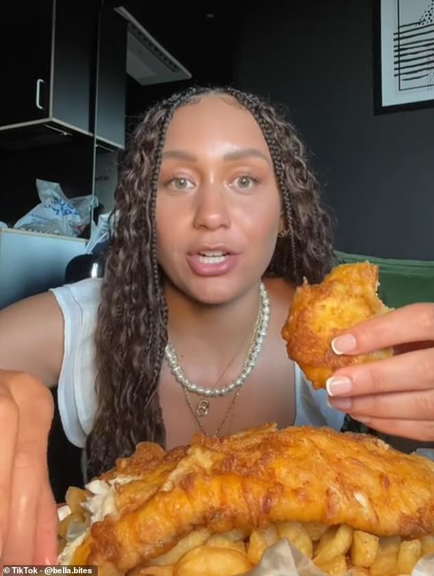 Bella, who is from Florida, enjoyed her fish and chips which she ordered from a shop in London's Southbank