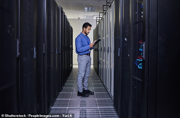 The largest facilities span millions of square feet and can hold more than 100,000 servers stored in racks. Racks of servers are shown above