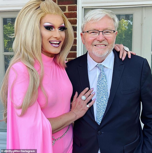 Australia's US Ambassador Kevin Rudd poses with drag queen Kitty Glitter in June last year, after the performer was flown to Washington at taxpayers' expense to DJ at an extravagant Pride party.