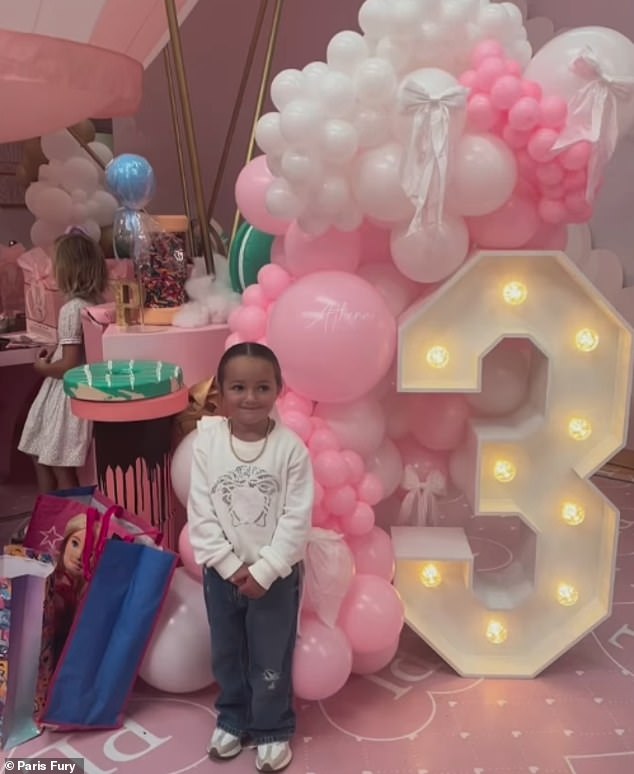 Tyson Fury's wife Paris threw a lavish girls' party for the couple's youngest daughter, Athena (pictured), at the Pink Island Cafe in Stockport on Saturday.