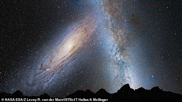 This illustration shows a stage in the predicted merger between our Milky Way galaxy and the neighboring Andromeda galaxy, as it will unfold over the next several billion years. In this image, representing Earth's night sky in 3.75 billion years, Andromeda (left) fills the field of view and begins to distort the Milky Way with tidal pull