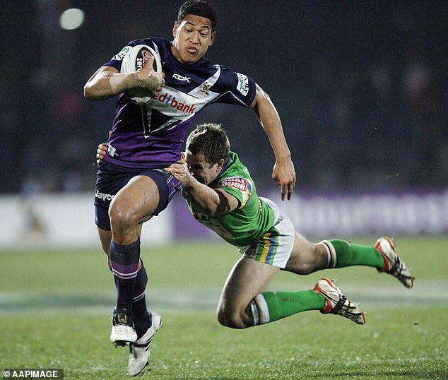 Folau was just 17 when he joined the Melbourne Storm in 2007 (pictured) - and he was soon exposed to a very different world to what he was used to at school in Brisbane