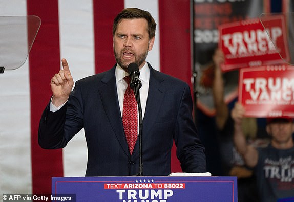 U.S. Senator and Republican vice presidential candidate J.D. Vance speaks during a campaign rally at the Arizona Christian University Event Center in Glendale, Arizona, on July 31, 2024. (Photo by Laura SEGALL / AFP) (Photo by LAURA SEGALL/AFP via Getty Images)