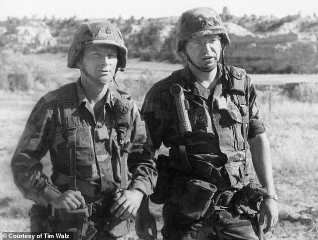 Vance added that he was surprised that the Harris campaign had not checked Walz's military record and accused him of lying to make a political point. Walz is pictured at right while serving in the U.S. Army National Guard in 1992