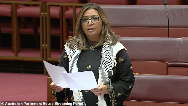 Pictured: Mehreen Faruqi in the Senate on Wednesday night as she tries to push her motion through