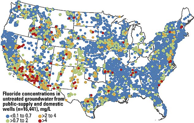 This 2020 map shows fluoride levels in untreated groundwater supplies. Fluoride is a naturally occurring mineral and is often already present in many water supplies. Areas marked with a yellow or red dot have more than twice the recommended level of fluoride in their groundwater