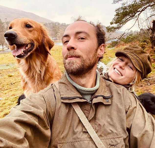 Pictured: James, the brother of the Princess of Wales, and his wife Alizée Thevenet and two of their six dogs