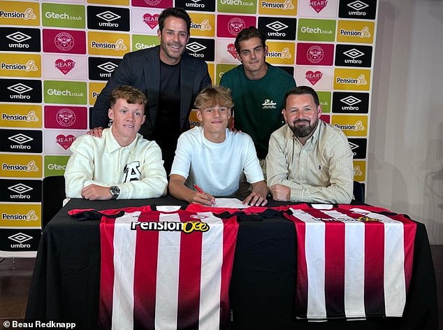 Jamie Redknapp's son Beau, 15, (centre) is set to follow in his father's footsteps and has signed for Premier League club Brentford