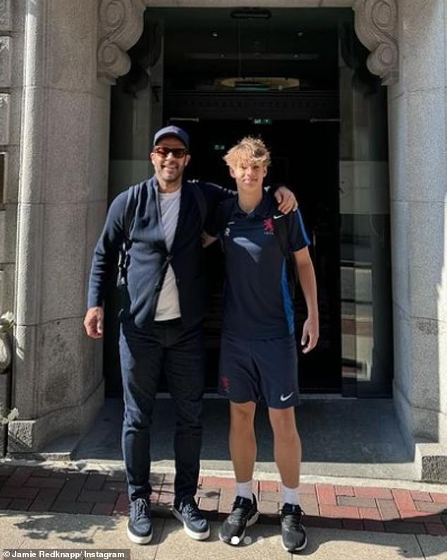 The footballer (right), 15, revealed last weekend that he is the youngest son of a former England star who has joined the Bees (pictured with Jamie)