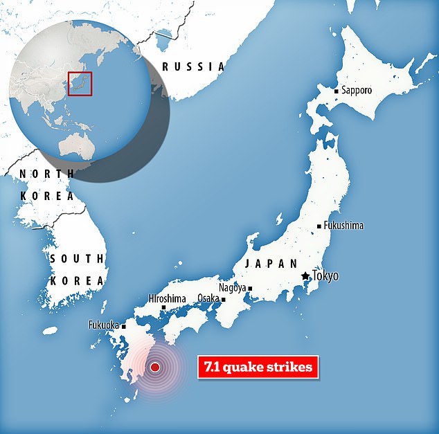 The 7.1 magnitude quake struck off the coast of the southern Japanese island of Kyushu, near the city of Nichinan, at 4:43 p.m. local time