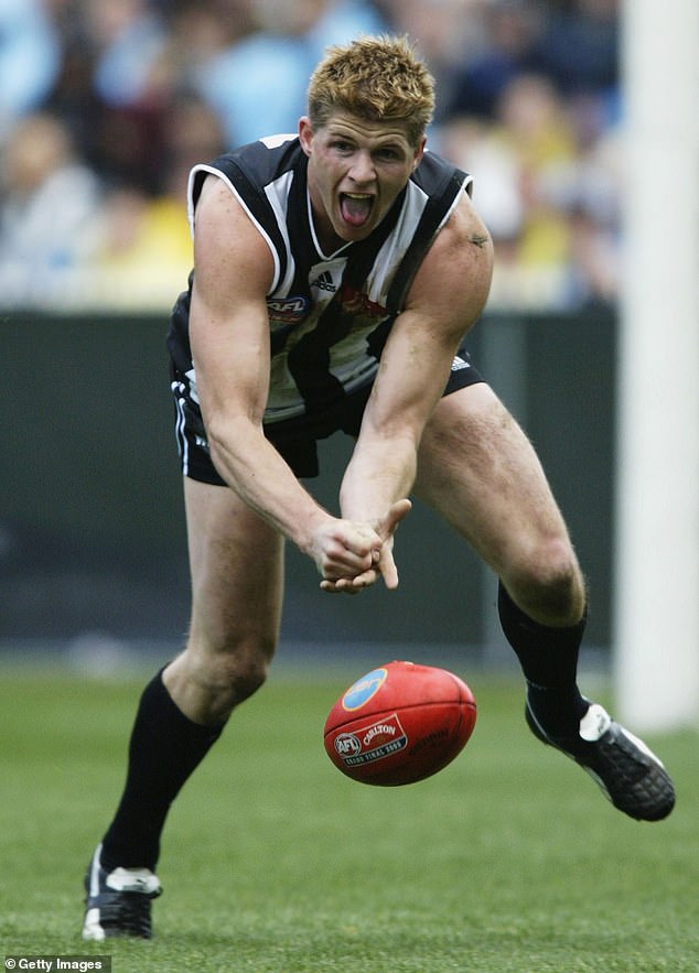 Jason Cloke (pictured playing for Collingwood in 2003) was taken to hospital and remained overnight after appearing to be elbowed in the head during a match on Saturday