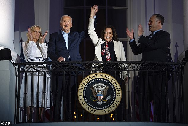 Jill Biden, Joe Biden, Kamala Harris and Doug Emhoff at the White House on July 4