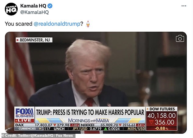 Kamala Harris' campaign added chicken noises to clips of Donald Trump telling ABC he doesn't need a debate. (Image: Screenshot taken from Kamala Harris HQ on X)