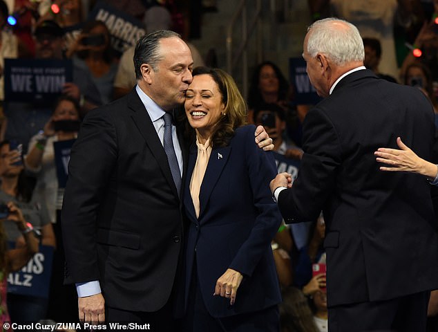 The couple presented a united front amid the scandal in Philadelphia on Tuesday as the presidential candidate introduced her vice presidential pick, Tim Walz.