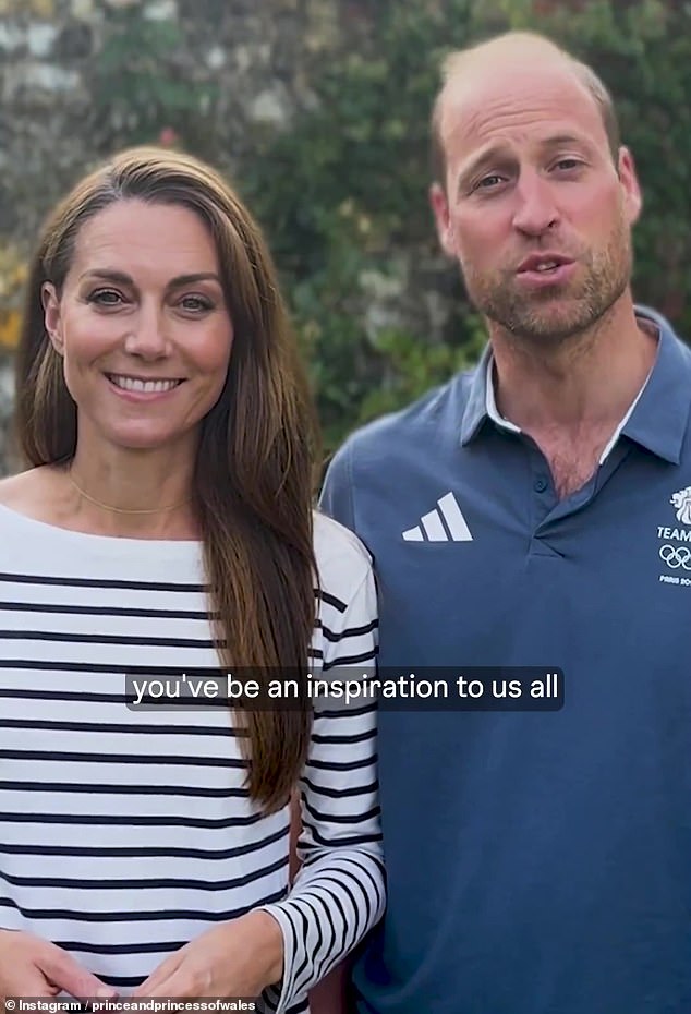 Pictured: The Princess of Wales wore minimal jewellery and an £85 striped Ralph Lauren T-shirt for a congratulatory message to Team GB this month