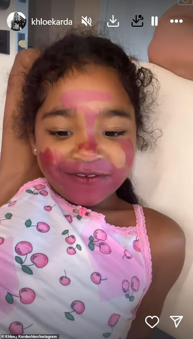 “What did you do to your face?” the Good American designer could be heard asking her daughter in the video, with True replying, “I colored it with lipstick.”