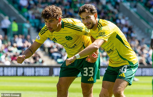 Kuhn (right) celebrates with Matt O'Riley after scoring in last weekend's league win over Hibs