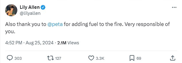 Lily has since clarified her comments, but ended her statement about X by attacking PETA, writing: 'Also thanks to @peta for adding fuel to the fire'