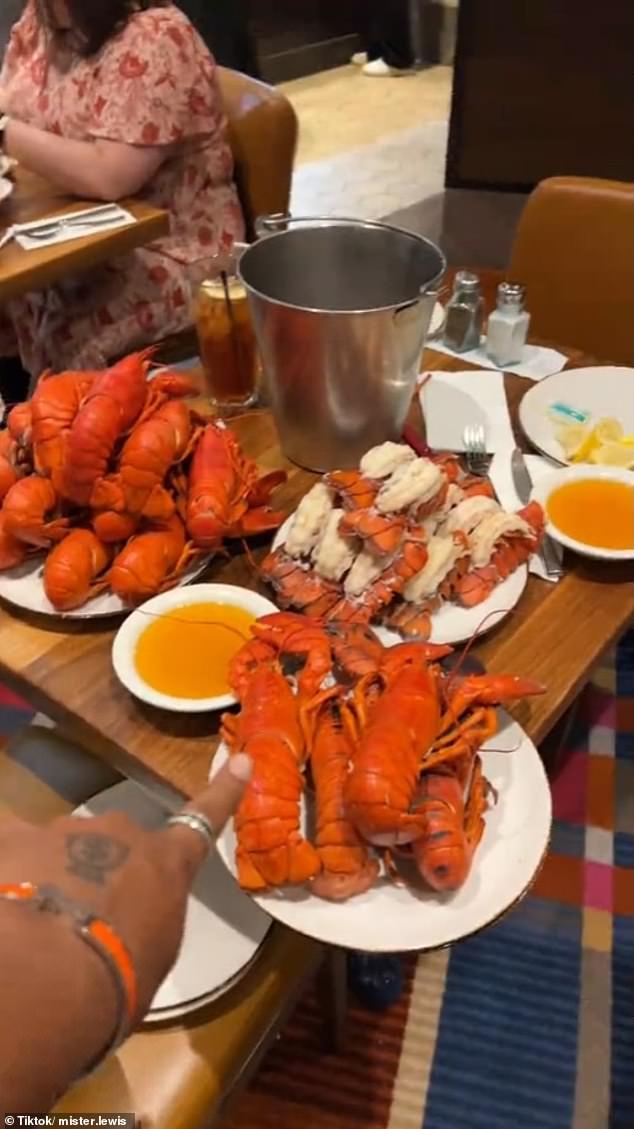 Taking full advantage of the fact that it's an all-you-can-eat buffet, he is seen piling multiple plates full of lobster, much to the chagrin of staff and social media users.