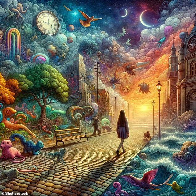 Lucid dreaming causes people to experience more pleasurable 'trips' or psychedelic adventures when they go to sleep (depicted here by an AI)